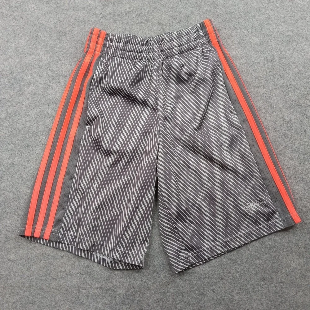 Adidas Shorts Boys Small‎ Gray Orange Striped Athletic 3 Stripe Mesh Sport